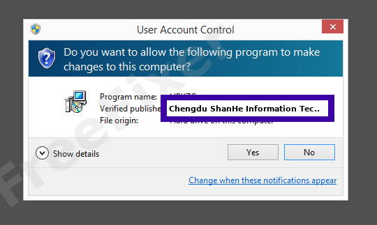 Screenshot where Chengdu ShanHe Information Technology Co., Ltd. appears as the verified publisher in the UAC dialog